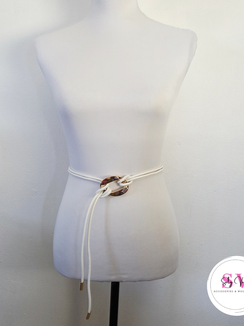 White Knotted Belt With Gold Buckle